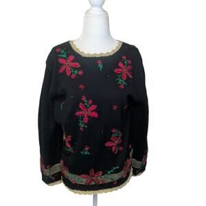 Vintage Studio Joy black beaded holiday christmas Poinsetta sweater size large
